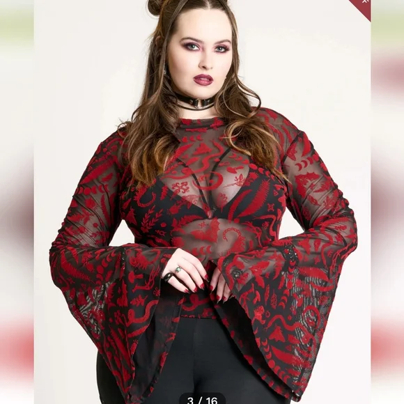 Midnight Hour Creatures Flocked Mesh Bell Sleeve Top - Picture 3 of 5